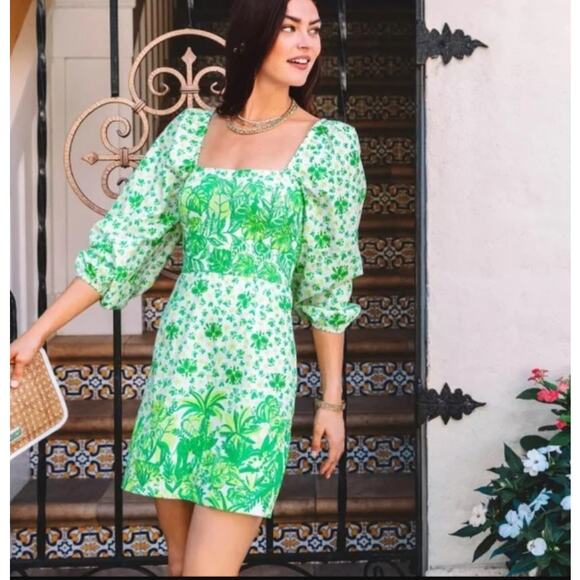 LILLY PULITZER Esteli Romper Size 4 Puff Sleeve Green Party Animals - Picture 1 of 15